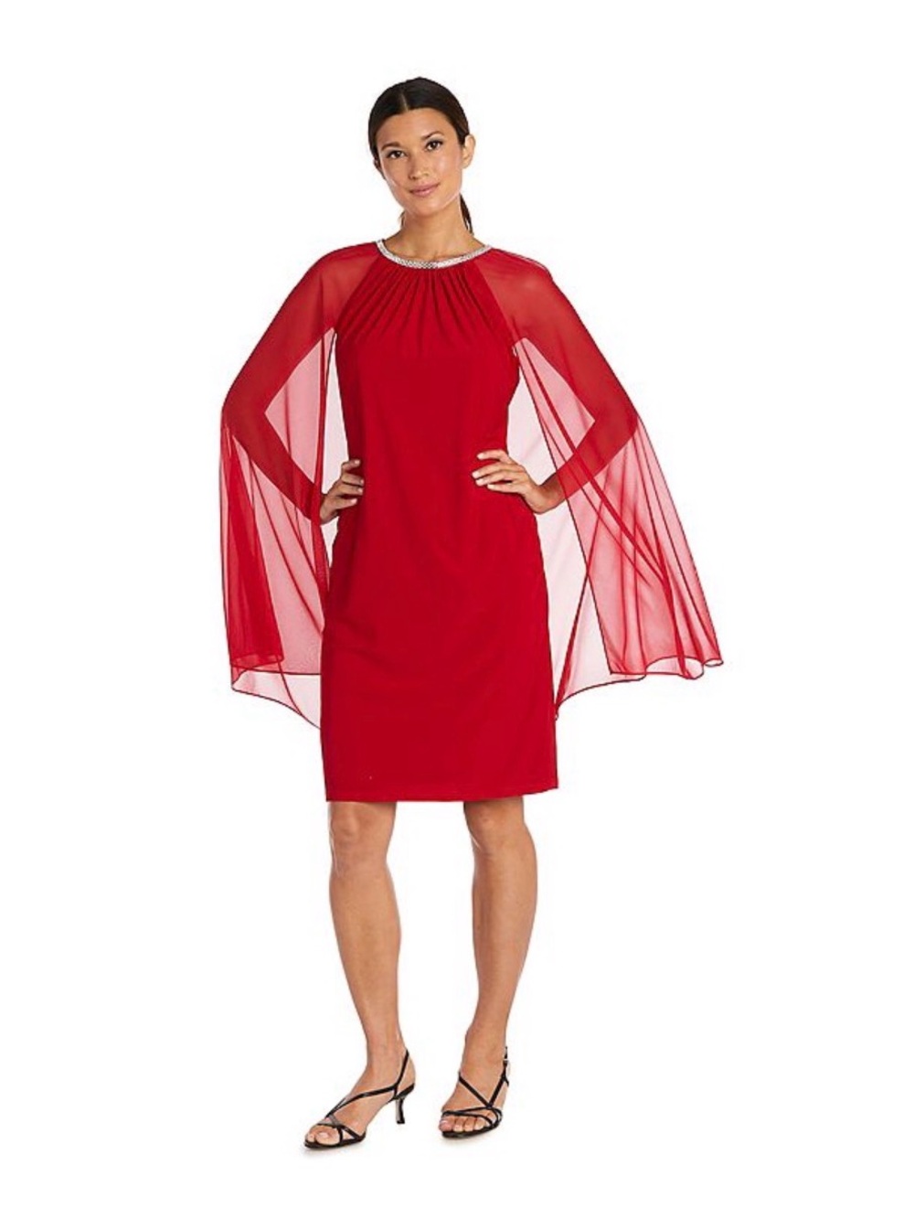 R&M Richards Red Chiffon Cape-Sleeve Sheath Dress with Embellished Neckline